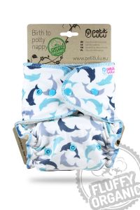 Dolfijnen Fluffy Organic Maxi/Night van Petit Lulu, drukknoopjes